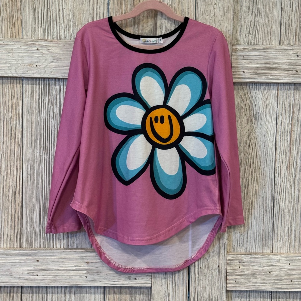 Sunshine Swing Pink Long Sleeve Shirt With Happy Face Flower Sz 8